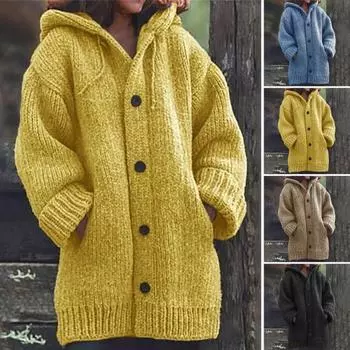 Женский свитер, пальто с капюшоном, завязками, длинными рукавами, однобортное трикотажное пальто, однотонный цвет S жёлтый