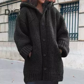 Женский свитер, пальто с капюшоном, завязками, длинными рукавами, однобортное вязаное пальто, однотонное, средней длины, вязаная верхняя одежда S жёлтый