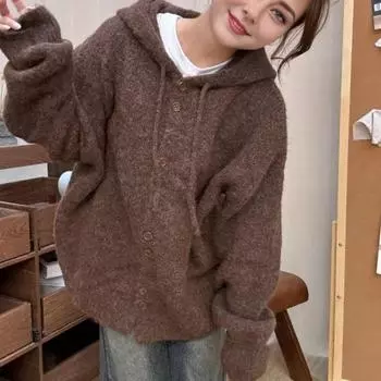 Женский свитер, пальто с капюшоном, завязками, длинными рукавами, вязаное пальто, однотонный цвет абрикосовый