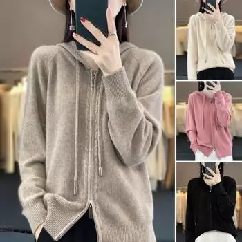 Женский свитер, пальто с капюшоном, завязками на шнурке, длинными рукавами, двойные молнии, трикотажное пальто, однотонное, свободного кроя, жаккардовая верхняя одежда S верблюд