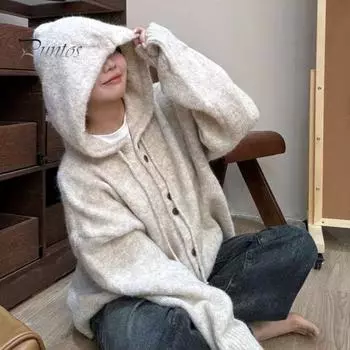 Женский свитер, пальто с капюшоном, завязками, длинными рукавами, однотонное трикотажное пальто с застежкой на пуговицы, повседневная вязаная верхняя одежда абрикосовый