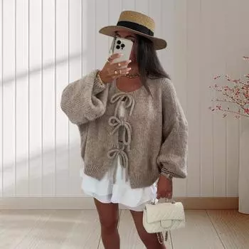 Женский свитер, пальто с круглым вырезом, длинный рукав, на шнуровке, вязаное пальто, однотонный свободный крой, повседневный стиль, вязаная верхняя одежда S синий