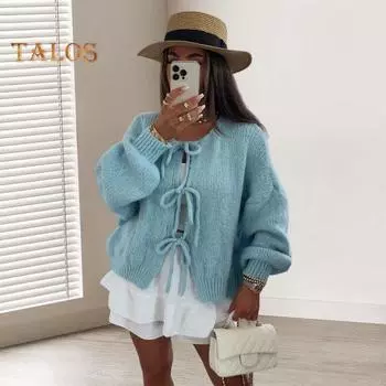 Женский свитер, пальто с круглым вырезом, длинный рукав, на шнуровке, вязаное пальто, однотонный свободный крой, повседневный стиль, вязаная верхняя одежда S розы красного