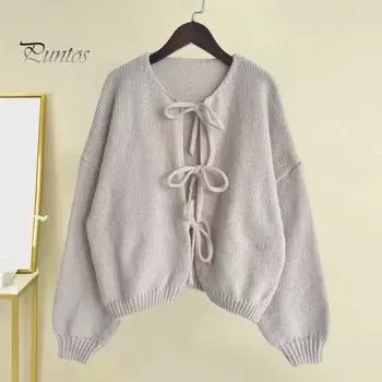 Женский свитер, пальто с круглым вырезом, длинный рукав, на шнуровке, вязаное пальто, однотонный свободный крой, повседневный стиль, вязаная верхняя одежда M абрикосовый