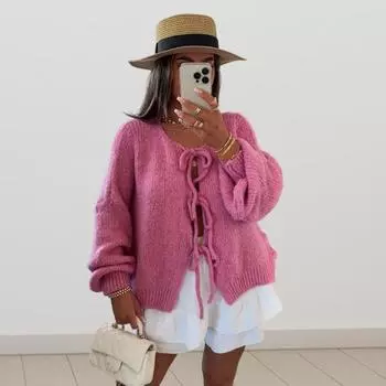 Женский свитер, пальто с круглым вырезом, длинный рукав, на шнуровке, вязаное пальто, однотонный свободный крой, повседневный стиль, вязаная верхняя одежда S розы красного