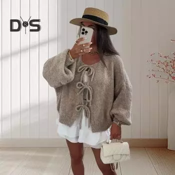 Женский свитер, пальто с круглым вырезом, длинный рукав, на шнуровке, вязаное пальто, однотонный свободный крой, повседневный стиль, вязаная верхняя одежда S серый