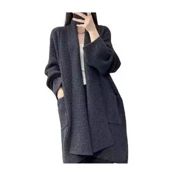 Женский свитер, пальто с лацканами, длинный рукав, открытый спереди, вязаный кардиган с большим размером серый