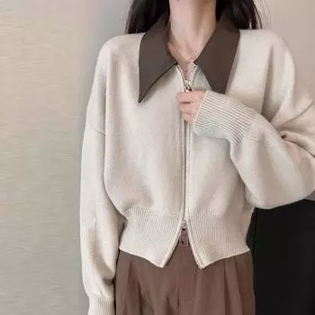 Женский свитер, пальто с лацканами, длинный рукав, застежка-молния, вязаный кардиган, пэчворк, цветная ребристая отделка чёрный