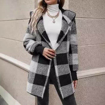 Женский свитер, пальто с открытым передом, капюшоном, длинным рукавом, клетчатый принт, вязаное пальто, свободный крой, трикотаж средней длины XXL зелёный