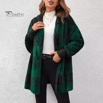 Женский свитер, пальто с открытым передом, капюшоном, длинным рукавом, клетчатый принт, вязаное пальто, свободный крой, трикотаж средней длины S темно-коричневого