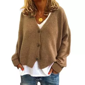 Женский свитер, пальто с V-образным вырезом, длинный рукав, однобортный вязаный свитер, однотонный свободный крой, свитер, кардиган S хаки