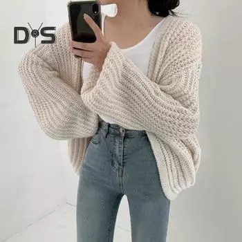 Женский свитер, пальто с V-образным вырезом, фонарь, длинный рукав, ажурная вязка, пальто, однотонный повседневный трикотаж, повседневная одежда чёрный