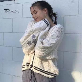 Женский свитер, пальто с V-образным вырезом, длинный рукав, однобортный вязаный кардиган, пэчворк, цветная вышивка, узор в виде звезды, свободный крой, трикотаж S белый