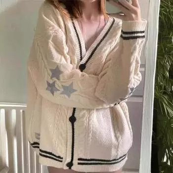 Женский свитер, пальто с V-образным вырезом, длинный рукав, однобортный вязаный кардиган, пэчворк, цветная вышивка, узор «звезда», свободный S красный