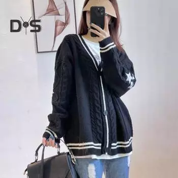 Женский свитер, пальто с V-образным вырезом, длинный рукав, однобортный вязаный кардиган, пэчворк, цветная вышивка, узор в виде звезды, свободный крой, трикотаж S красный