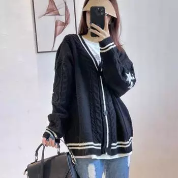 Женский свитер, пальто с V-образным вырезом, длинный рукав, однобортный вязаный кардиган, пэчворк, цветная вышивка, узор в виде звезды, свободный крой, трикотаж M серый