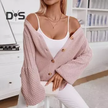 Женский свитер-пальто с V-образным вырезом и длинным рукавом, однобортный трикотажный свитер-кардиган свободного кроя M хаки