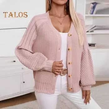 Женский свитер-пальто с V-образным вырезом и длинным рукавом, однобортный трикотажный свитер-кардиган свободного кроя XL розовый