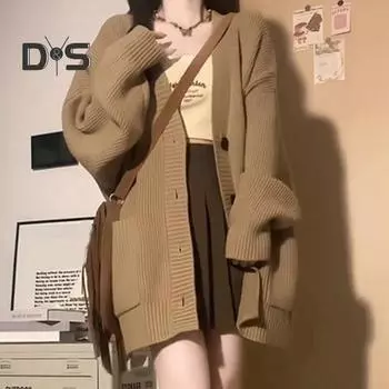 Женский свитер, пальто с V-образным вырезом, длинным рукавом, однотонное трикотажное пальто с большими карманами, свитер средней длины свободного кроя, кардиган хаки