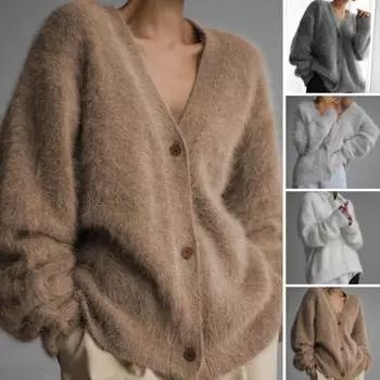 Женский свитер-пальто с V-образным вырезом, длинный рукав, однотонный, однобортный, вязаный свитер свободного кроя M серый