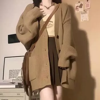 Женский свитер, пальто с V-образным вырезом, длинным рукавом, однотонное трикотажное пальто с большими карманами, свитер средней длины свободного кроя, кардиган зелёный