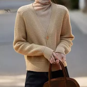 Женский свитер, пальто с V-образным вырезом, длинным рукавом, ребристой отделкой, трикотажная верхняя одежда, однотонные свободные топы для путешествий, уличная одежда хаки