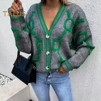 Женский свитер, пальто с V-образным вырезом, длинный рукав, однобортный вязаный свитер с буквенным принтом, свободный крой, теплый вязаный кардиган серый