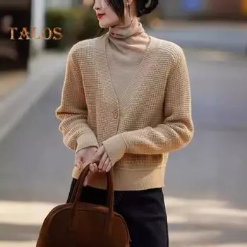 Женский свитер, пальто с V-образным вырезом, длинным рукавом, ребристой отделкой, трикотажная верхняя одежда, однотонные свободные топы для путешествий, уличная одежда хаки