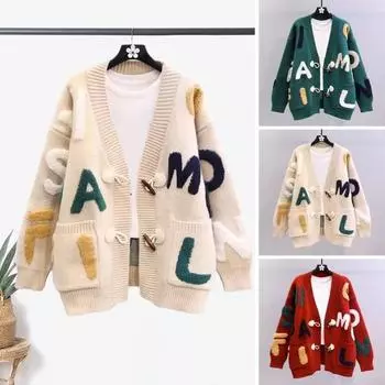 Женский свитер, пальто с V-образным вырезом, длинный рукав, вязанное пальто с буквенным принтом, одинарный абрикосовый