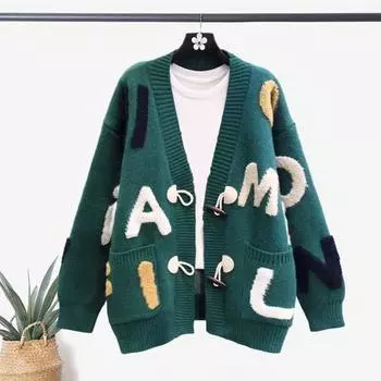 Женский свитер, пальто с V-образным вырезом, длинный рукав, вязанное пальто с буквенным принтом, одинарный зелёный