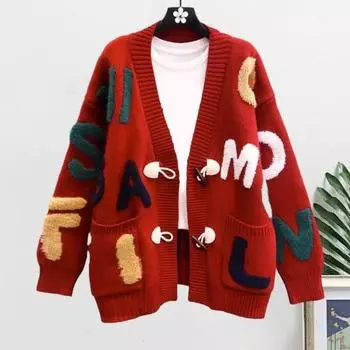 Женский свитер, пальто с V-образным вырезом, длинный рукав, принт с буквами, вязаное пальто, однобортное, карманы, свободный крой, вязаный кардиган абрикосовый