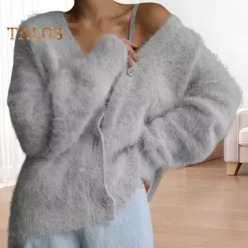 Женский свитер, пальто с V-образным вырезом, длинный рукав, однотонный однобортный вязаный свитер свободного кроя, теплый вязаный кардиган S хаки