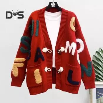 Женский свитер, пальто с V-образным вырезом, длинный рукав, принт с буквами, вязаное пальто, однобортное, карманы, свободный крой, вязаный кардиган зелёный