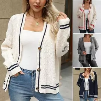 Женский свитер, пальто с V-образным вырезом, длинный рукав, перекрученная текстура, трикотажное пальто, пэчворк, цвет одинарный S темно-синий