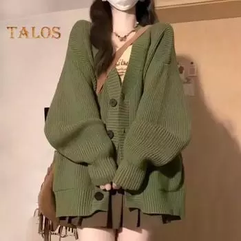 Женский свитер, пальто с V-образным вырезом, длинным рукавом, однотонное трикотажное пальто с большими карманами, свитер средней длины свободного кроя, кардиган хаки
