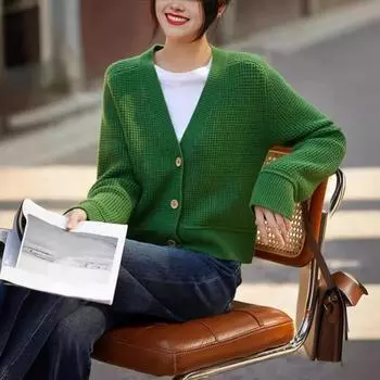 Женский свитер, пальто с V-образным вырезом, длинным рукавом, ребристой отделкой, трикотажная верхняя одежда, однотонные свободные топы для путешествий, уличная одежда зелёный