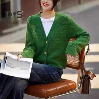 Женский свитер, пальто с V-образным вырезом, длинным рукавом, ребристой отделкой, трикотажная верхняя одежда, однотонные свободные топы для путешествий, уличная одежда зелёный