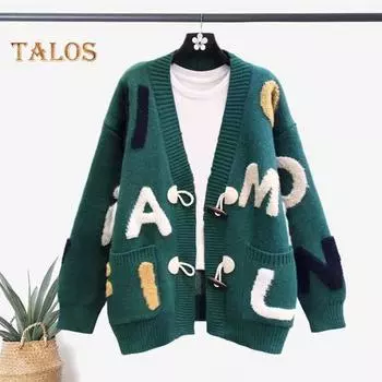 Женский свитер, пальто с V-образным вырезом, длинный рукав, принт с буквами, вязаное пальто, однобортное, карманы, свободный крой, вязаный кардиган зелёный