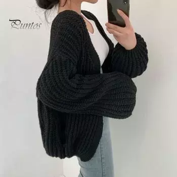 Женский свитер, пальто с V-образным вырезом, фонарь, длинный рукав, ажурная вязка, пальто, однотонный повседневный трикотаж, повседневная одежда чёрный