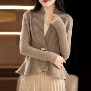 Женский свитер, пальто, V-образный вырез, длинный рукав, оборка, вязанный свитер, однотонный, приталенный, обтягивающий свитер, кардиган чёрный