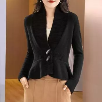 Женский свитер, пальто, V-образный вырез, длинный рукав, оборка, низ, вязаный свитер, однотонный, приталенный, талия, обтягивающий белый