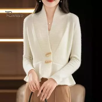 Женский свитер, пальто, V-образный вырез, длинный рукав, оборка, вязанный свитер, однотонный, приталенный, обтягивающий свитер, кардиган чёрный