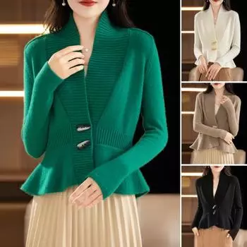 Женский свитер, пальто, V-образный вырез, длинный рукав, оборка, вязанный свитер, однотонный, приталенный, обтягивающий свитер, кардиган зелёный