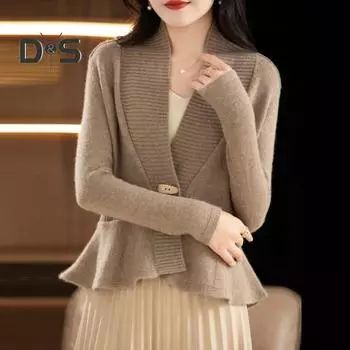 Женский свитер, пальто, V-образный вырез, длинный рукав, оборка, вязанный свитер, однотонный, приталенный, обтягивающий свитер, кардиган белый