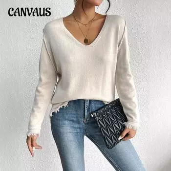 Женский свитер плотной вязки с короткими рукавами и бахромой S бежевый