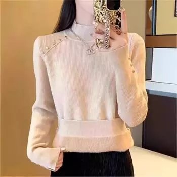 Женский свитер-полуводолазка из плотного бархата: Теплый осенне-зимний топ One size белый