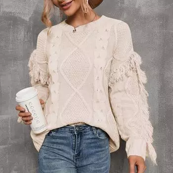 Женский свитер, повседневный вязаный однотонный пуловер с длинными рукавами и кисточками с круглым вырезом S