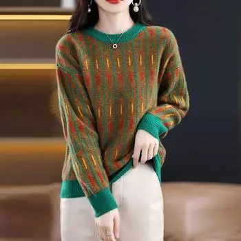 Женский свитер, пуловер на осень и зиму 2023, свободный вязаный свитер с круглым вырезом, повседневный пуловер с длинными рукавами One Size зелёный
