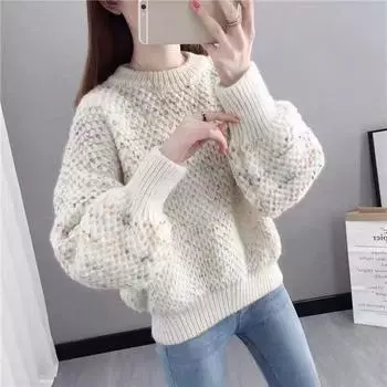 Женский свитер, пуловер, осенне-зимний вязаный свитер с круглым вырезом и подкладкой, свободный осенне-зимний свитер с длинными рукавами, пуловер One Size чёрный