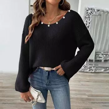 Женский свитер-пуловер с бисером сверху, свободный свитер с открытыми плечами и расклешенными рукавами L чёрный